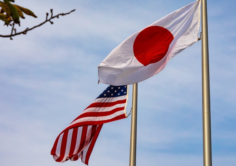 Japanese and American USA national flags in front of a blue sky, tree branches in the foreground.