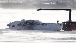 The crashed Delta flight out of Minneapolis that flipped onto its roof in Toronto after losing its right wing on 2/17/2025