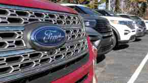 Ford SUVs lined up at a dealership for sale