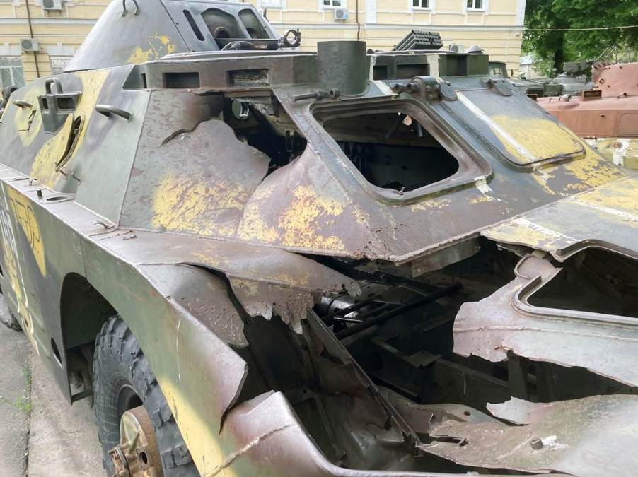 A destroyed armored vehicle captured from Russian forces in Ukraine.