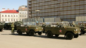 Russian soldiers and trucks