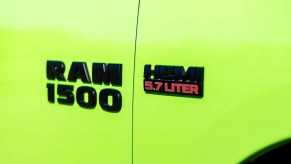 A very close view of a Ram 1500 exterior badges