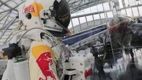 The Red Bull Space Jump pressurized suit worn by Felix Baumgartner on display