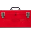 A red metal toolbox representing Milwaukee Tool sits on a white background