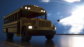 School bus parked in shadowed light