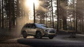 A 2025 Subaru Forester SUV parked in front of tall evergreen trees at dusk