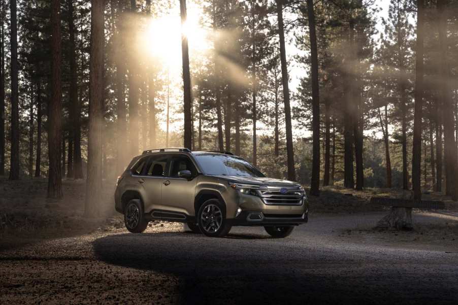 A 2025 Subaru Forester SUV parked in front of tall evergreen trees at dusk