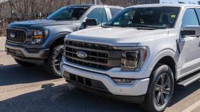 Two Ford F-150 pickup trucks parked at a new car dealership.