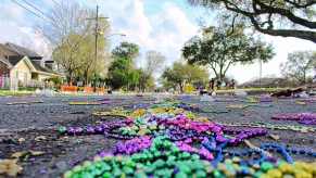 A Tesla Cybertruck ended up covered in beads and glow sticks following a Mardi Gras celebration.