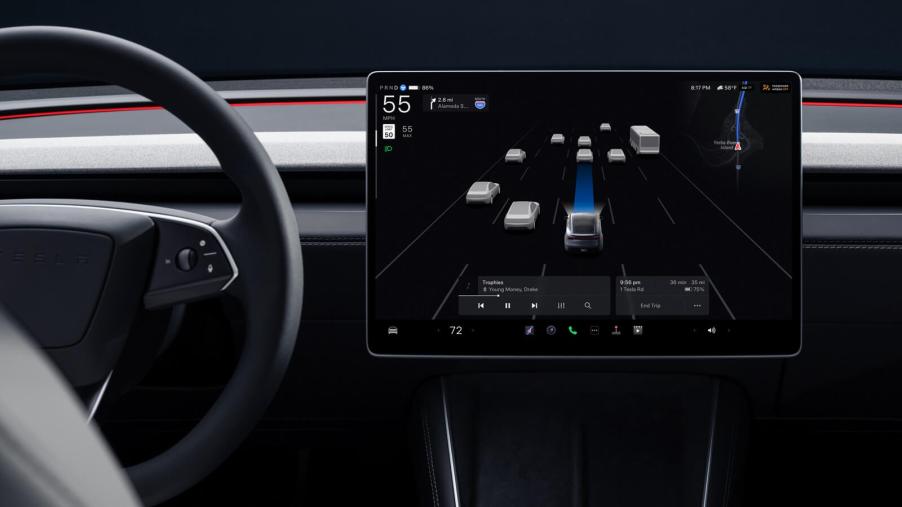 A Tesla Model Y shows off its Autopilot self-driving functions as they work to avoid a crash.