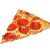 Slice of pepperoni pizza on a white background.