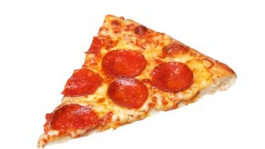 Slice of pepperoni pizza on a white background.