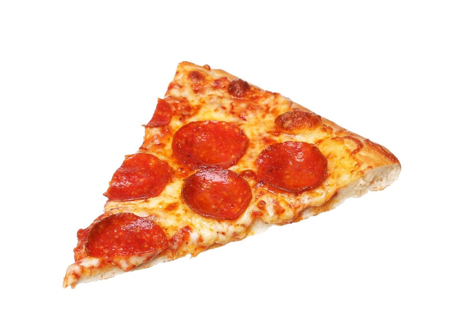 Slice of pepperoni pizza on a white background.