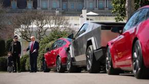 President Donald Trump speaks to Tesla CEO Elon Musk next to a row of Tesla cars