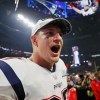 New England Patriot player Rob Gronkowski on the field during a Super Bowl