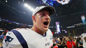 New England Patriot player Rob Gronkowski on the field during a Super Bowl