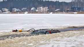 A car stuck in a frozen lake