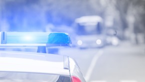 Cop car's roof with lights on in close rear view