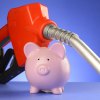 A red gas pump nozzle rests on top of a pink piggy bank with blue background