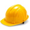 Yellow plastic construction hard hat on white surface