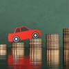 Red car climbs a pile of coins to show rising used sports car prices.