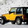 A yellow Jeep Wrangler parked by a snowy bank